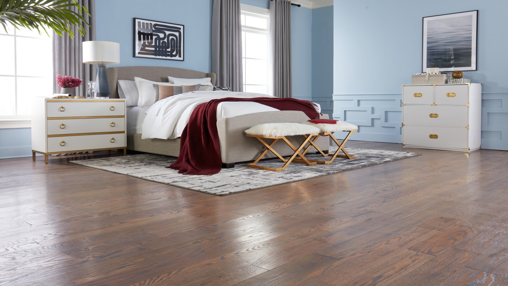 Area rug as home decor on hardwood floor in a modern bedroom